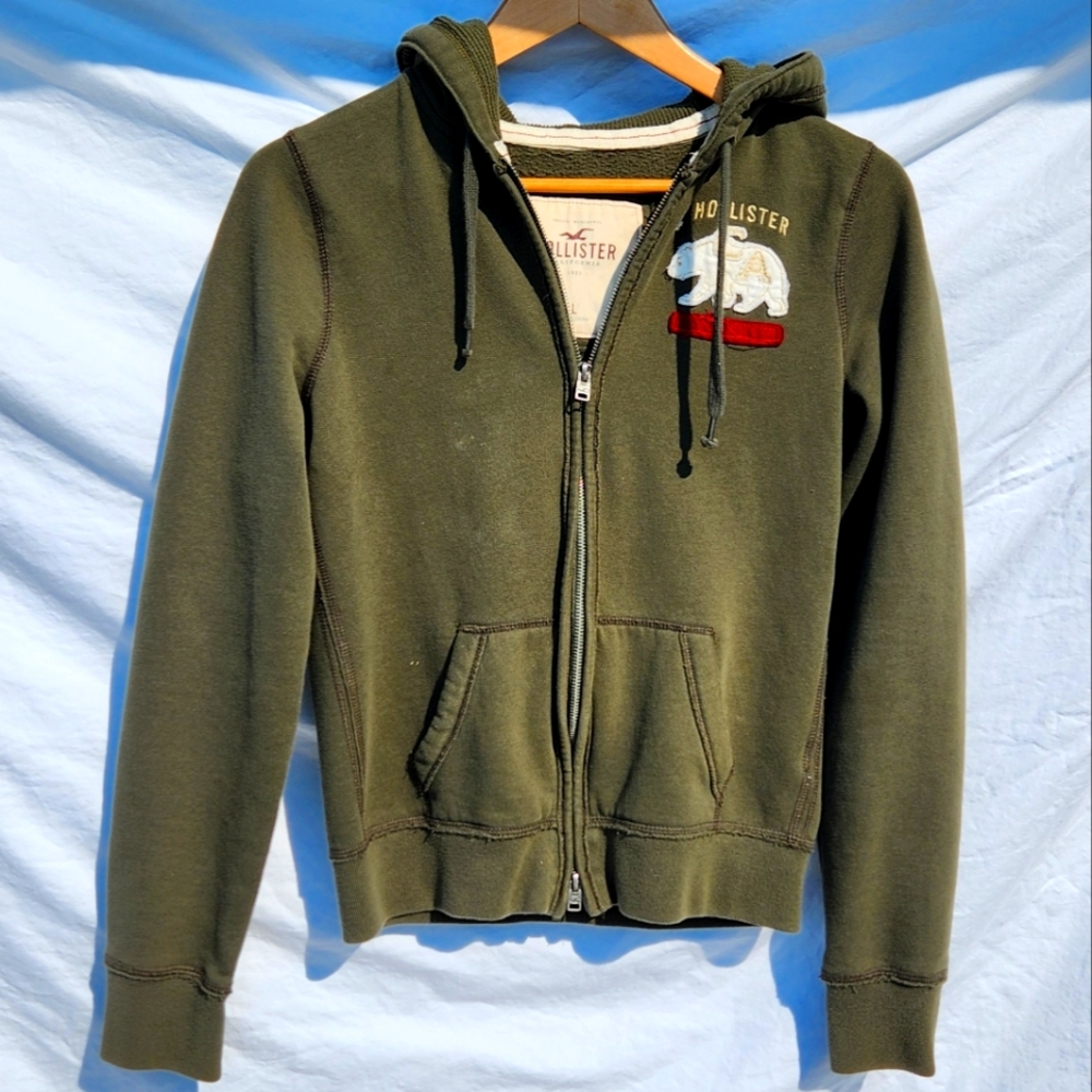 Hollister Juniors Cropped Hoodie Olive Green, Excellent Pre-Owned Condition